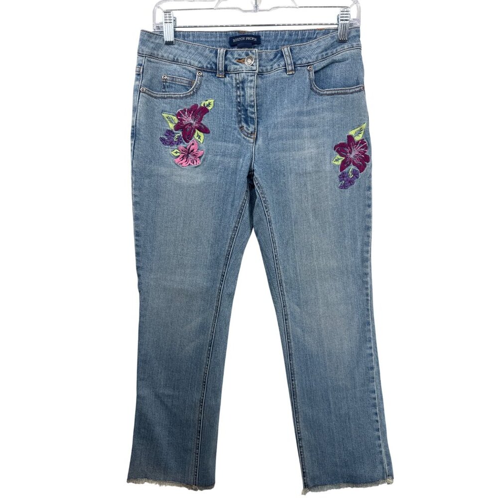 Boston Proper Womens Jeans Sz 2 Cropped Floral Embroidered Boho Fairy Festival